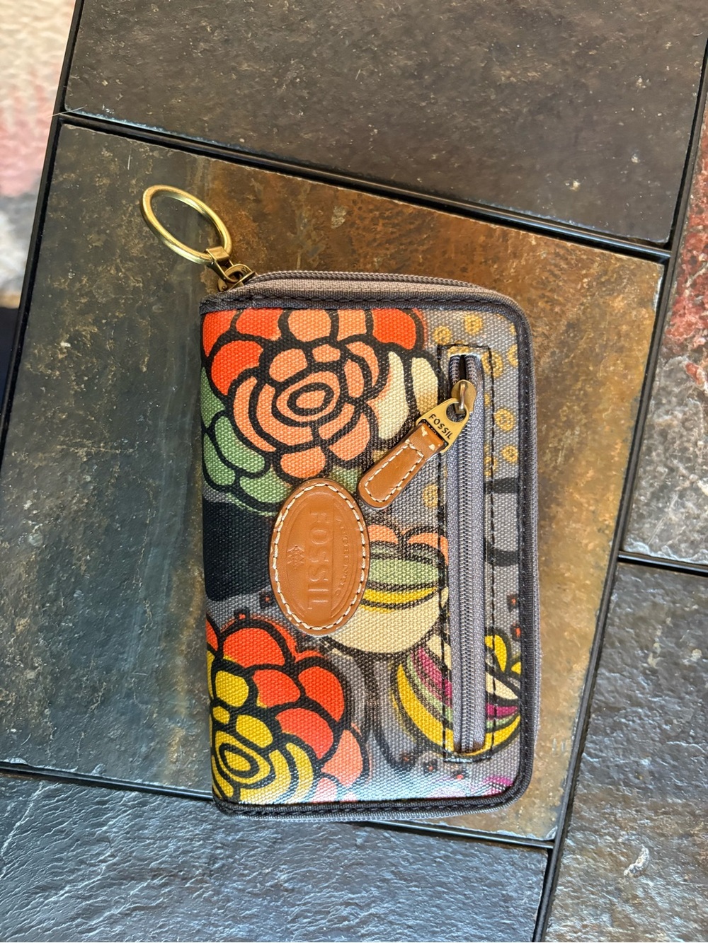 Fossil Floral Canvas Zip Key Wallet in Multicolor